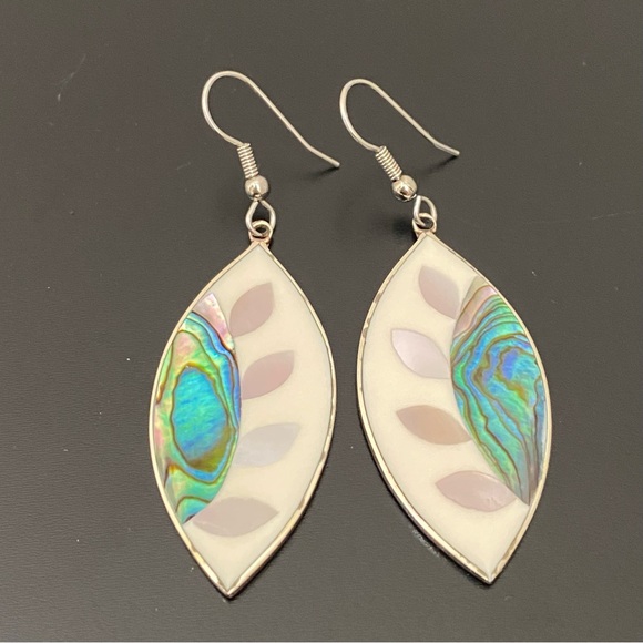 Vintage Alpaca Mexico Handcrafted MOP Abalone Inlay Mexican Silver Earrings 7g - Picture 9 of 13